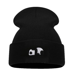 Unisex black rib-knit beanie with cute panda embroidery for winter outdoor fashion