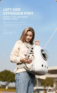 Detail view of the side opening for petting in a white breathable pet space capsule backpack