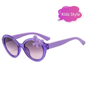 Kids purple bowknot sunglasses with glitter resin round frames and gradient lenses
