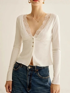 Slim fit white ribbed V-neck long sleeve top with delicate floral lace trim and button detail