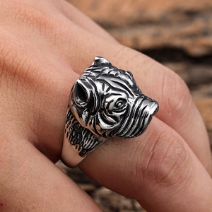 Punk style stainless steel shar-pei dog ring with an antique silver finish for men and women
