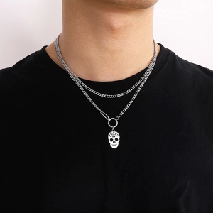 Silver stainless steel skull necklace with double layered Cuban chain for punk fashion look