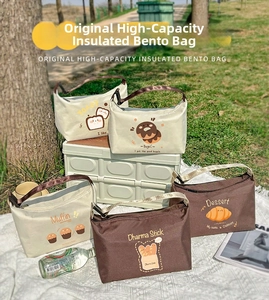 Detail of insulated lunch bag with cartoon bread illustrations and sturdy brown handles