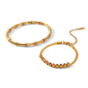 Bamboo-style 18k gold plated stainless steel bracelet set with colorful enamel and zircon