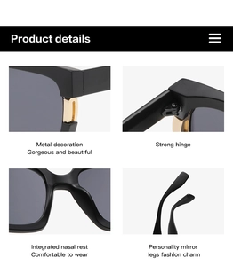 Detail view of square black sunglasses with gold metal accents and integrated nose pads