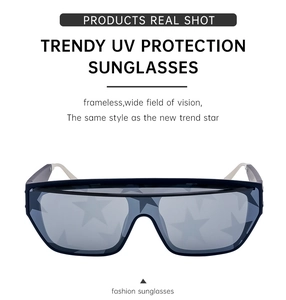 Detail of grey rimless sunglasses lens with star pattern and silver metal temples
