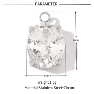 Detailed specs of oval stainless steel pendant with zircon measuring 8mm by 12mm