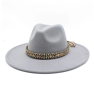 Detail of grey wide-brim wool fedora hat with ethnic woven band and brown leather drawstring