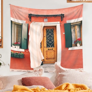Close-up of European building tapestry with rustic door and flower box on white wall