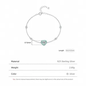 S925 Sterling Silver heart bracelet with mint green enamel and sparkling zircon stone