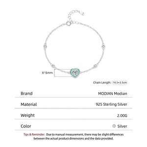 S925 Sterling Silver heart bracelet with mint green enamel and sparkling zircon stone