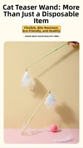 Detail of durable feather cat wand with flexible rod and metal bell in pastel colors
