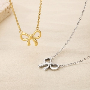 Minimalist Bowknot Necklace 316L Stainless Steel Hollow Butterfly Knot Pendant Delicate O-Chain Jewelry For Women Girls