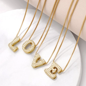 Gold plated 26 letter necklaces spelling LOVE with sparkling zircon stones