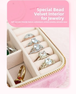 Detailed macro view of pink velvet jewelry box with rings in dedicated storage slots