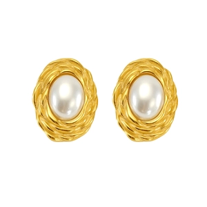 Elegant gold woven edge pearl stud earrings with classic vintage French style on white background