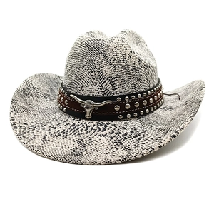 Detail eines Western-Cowboyhuts mit Schlangenprint, Metall-Stierkopf und Nietenband