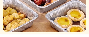 Disposable aluminum foil containers for air fryers and baking showing food use cases