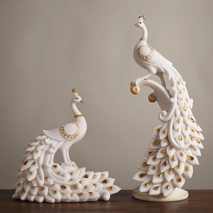 Elegant Resin Peacock Decorative Statue With Gold Trim And Gemstone Accents Modern Art Sculpture For Living Room Office
