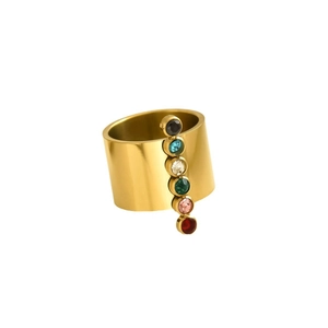 Polished gold stainless steel wide ring with six colorful circular zircon stone inlays