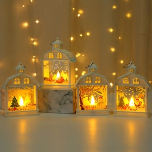 LED Christmas Lantern House Shaped Decorative Night Light Plastic Glass Hanging Festive Holiday Desktop Window Ornament