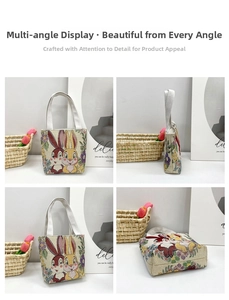 Detailed four-view display of a mini canvas tote bag with bunny embroidery and floral accents