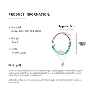 Detailed spec sheet showing 3-layer cross and cactus necklace set with crushed stones