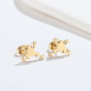 Detailed close-up of golden frog-shaped stainless steel earrings on a clean background