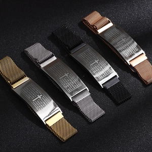 Stainless Steel Mesh Bracelet Natural Tiger Eye Agate Beads Spanish Lord's Prayer Cross Engraved Religious Jewelry Gift