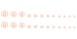 Glossy nude pink and white French tip press-on toe nails in various sizes