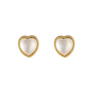 Close-up of gold heart-shaped stud earrings with pearlescent inlay and beaded edges