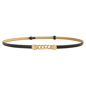 Elegant thin black leather belt featuring a decorative gold metal chain and round buckles