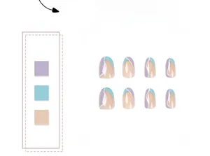 Detailed view of short oval press-on nails with blue, purple, and nude wave patterns