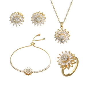 Sparkling sunflower jewelry set including necklace, earrings, bracelet and ring in gold