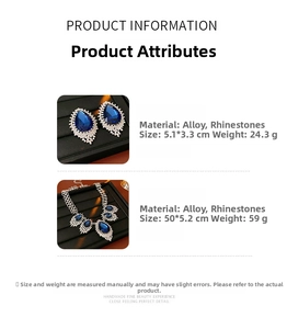 Detailed view of blue teardrop rhinestone jewelry set with precise size and weight specs