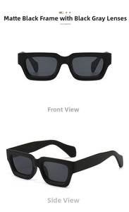 Detail view showing front and side of matte black rectangle sunglasses with dark gray lenses