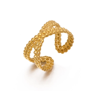 Chic 18K gold plated stainless steel triple layer beaded wave ring with adjustable open design