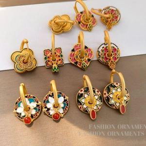 Traditional Chinese style hand-painted enamel floral hoop earrings in various colors