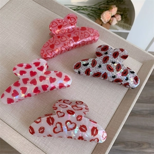 Heart Red Lip Print Hair Claw Clip Plastic Large Shark Hairpin Valentine's Day Sweet Styling Accessory For Women Girls