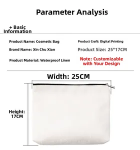 Detailed specs of waterproof linen makeup bag with digital printing and zipper, 25x17cm