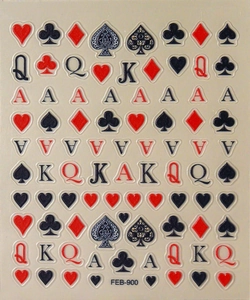 Detailed view of red and black 3D embossed poker card nail art stickers with suit patterns