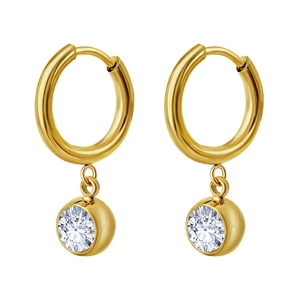 Elegant gold titanium steel hoop earrings with bezel-set sparkling zircon pendants