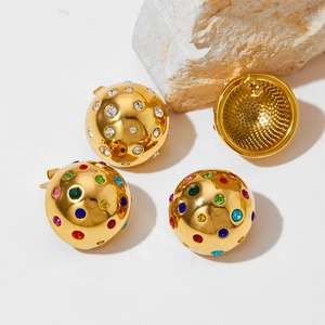 Ball stud earrings in gold stainless steel featuring colorful rhinestones and hollow back