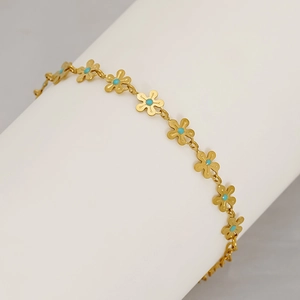 Flower Shaped Bracelet 18K Gold Plated Stainless Steel Blue Enamel Floral Adjustable Retro Fashion Jewelry For Women