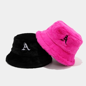 Winter warm faux fur bucket hats for women with embroidered letter A in pink and black