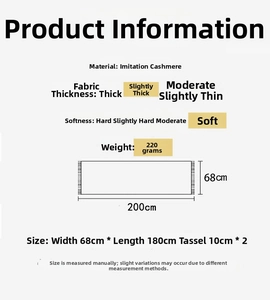 Size chart showing 200x68cm dimensions and cashmere-like texture for the winter scarf