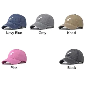 Washed cotton baseball cap with puppy embroidery in navy, grey, khaki, pink, and black