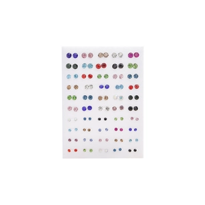 50 pairs of assorted colorful rhinestone stud earrings set on a white display board