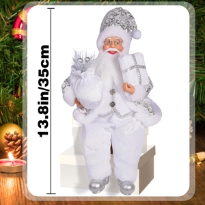 Detail of a 13.8 inch sitting Santa Claus doll in white and silver for Christmas decor