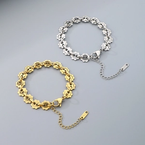 18K gold plated stainless steel Cuban link bracelet with sunburst gear rings